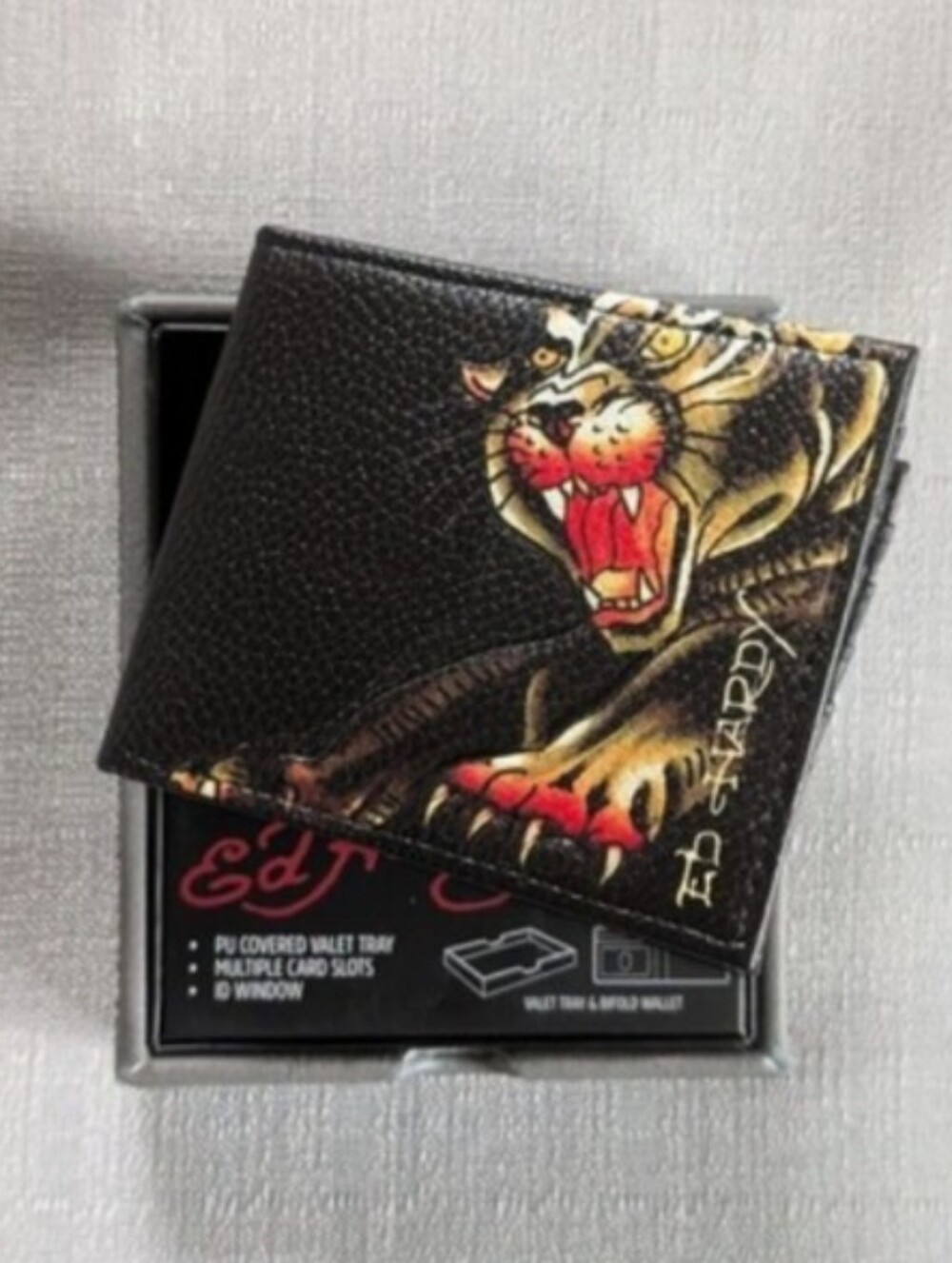 Ed Hardy Panther Tattoo Print Faux Leather Wallet with Bonus Valet Tray NEW!